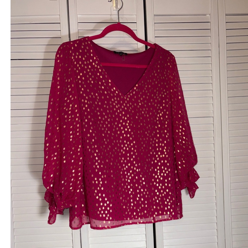 1.STATE Fuchsia Pink Gold Foil Dot V-Neck Balloon Sleeve Blouse Medium